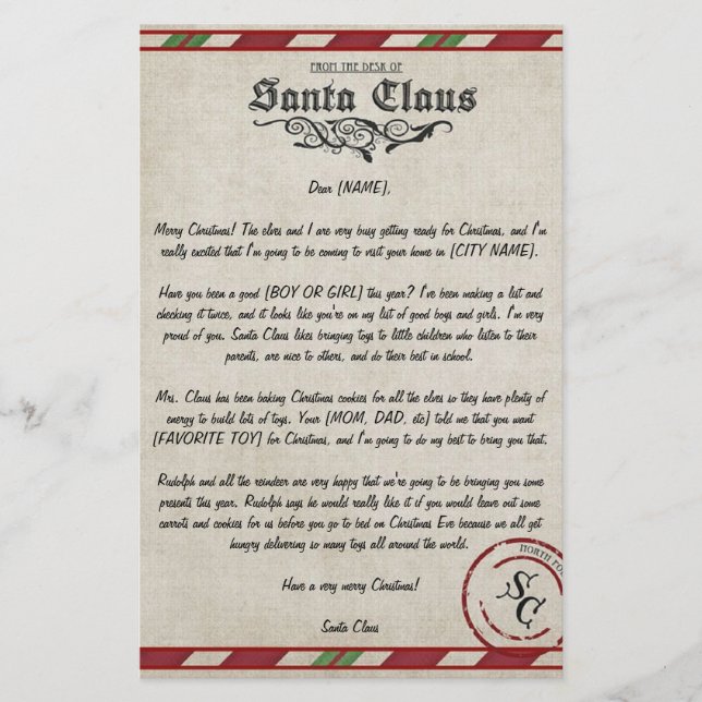 Customizable Letter From Santa (Front)