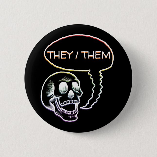 Customizable LGBTQIA+ Rainbow Pride Pronouns Skull Button (Front)