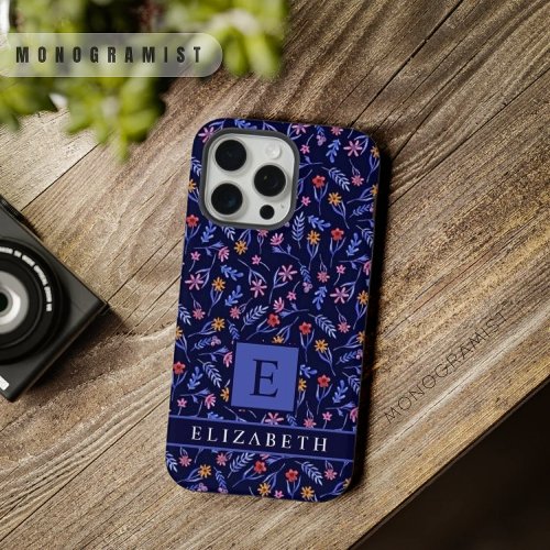 Customizable Light Dark Blue Floral Pink Flowers iPhone 15 Pro Max Case