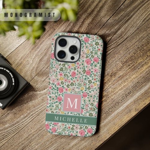 Customizable Light Dark Green Floral Pink Flowers iPhone 15 Pro Max Case
