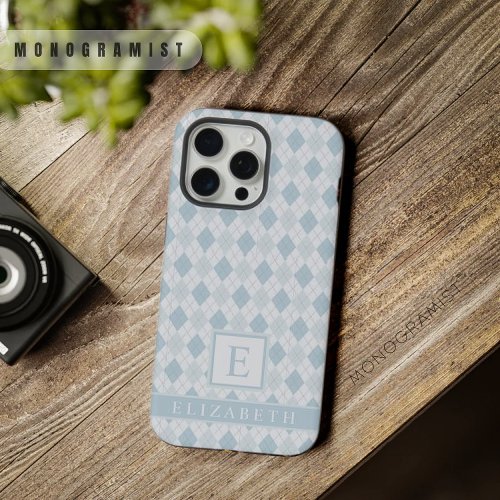 Customizable Light Dark Grey Blue Argyle Pattern iPhone 15 Pro Max Case