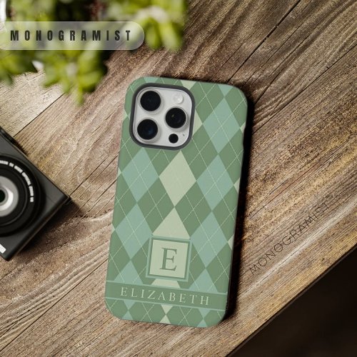 Customizable Light Dark Sage Green Argyle Pattern iPhone 15 Pro Max Case