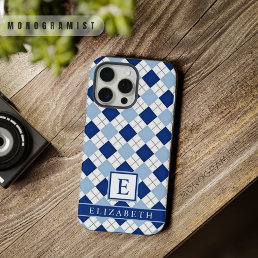 Customizable Light White Dark Blue Argyle Pattern iPhone 15 Pro Max Case