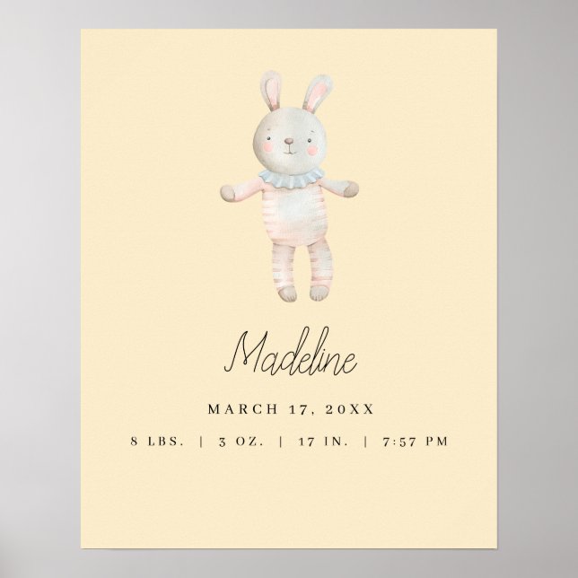 Customizable Light Yellow Pink Bunny Nursery Poster (Front)