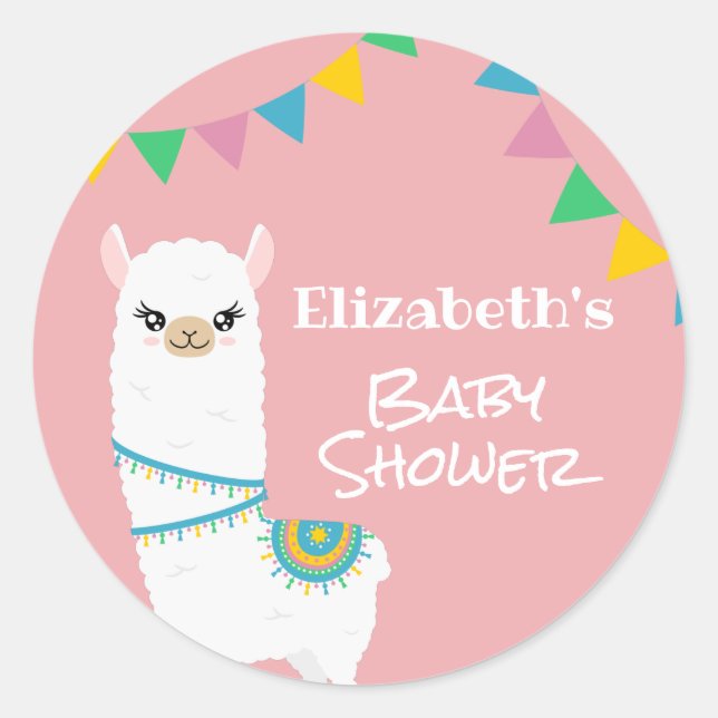 Customizable Llama Baby Shower Classic Round Sticker (Front)
