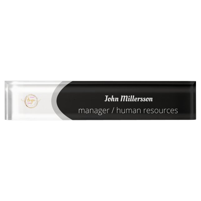 Customizable Logo Large Rectangle Black And White  Desk Name Plate (Front)