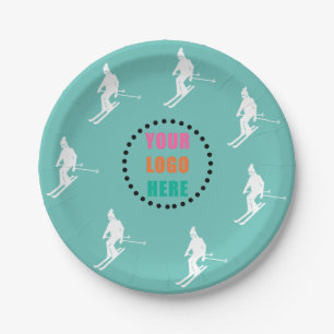 Customizable Logo Photo Skiers Skiing Ski Teal Paper Plates