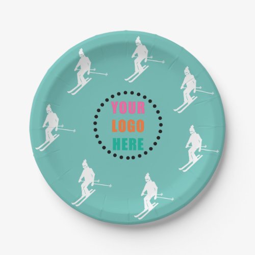 Customizable Logo Photo Skiers Skiing Ski Teal  Paper Plates