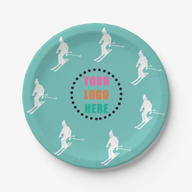 Customizable Logo Photo Skiers Skiing Ski Teal  Paper Plates (Front)