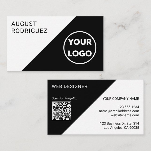 Customizable Logo QR Code Black White Geometric Business Card (Front/Back)
