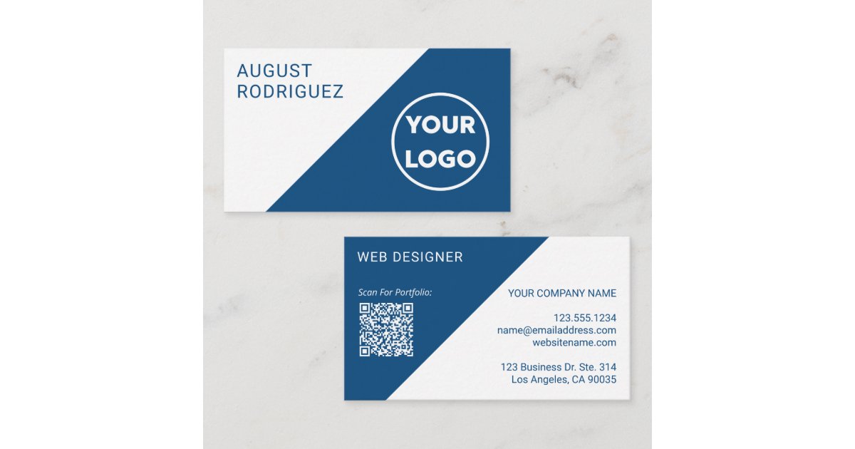 Customizable Logo QR Code Blue White Geometric Business Card | Zazzle