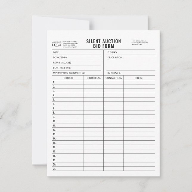 Customizable Logo Silent Auction Bid Form Template (Front)
