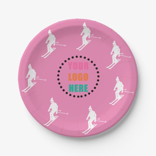 Customizable Logo Skiers Skiing Ski Pink White  Paper Plates