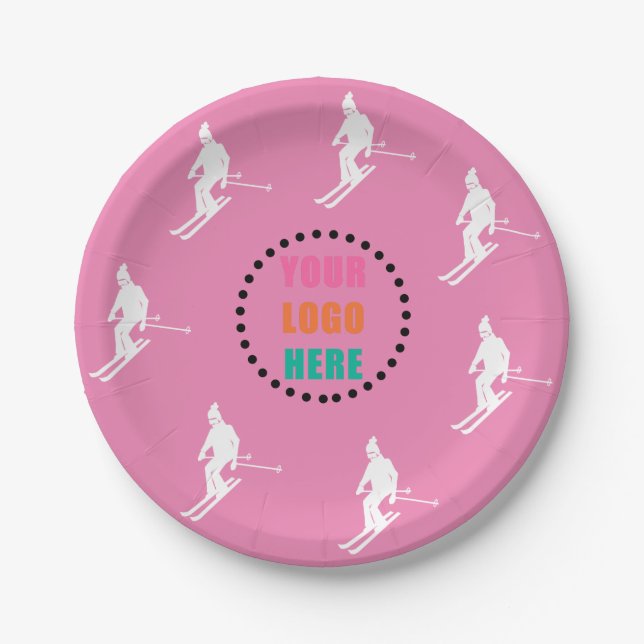 Customizable Logo Skiers Skiing Ski Pink White  Paper Plates (Front)
