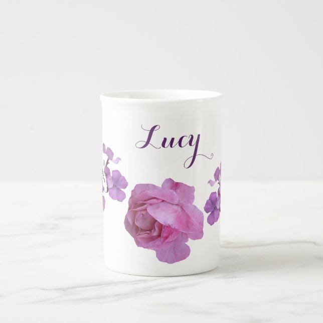 Customizable Lucy name pink rose purple floral fun Bone China Mug (Front)