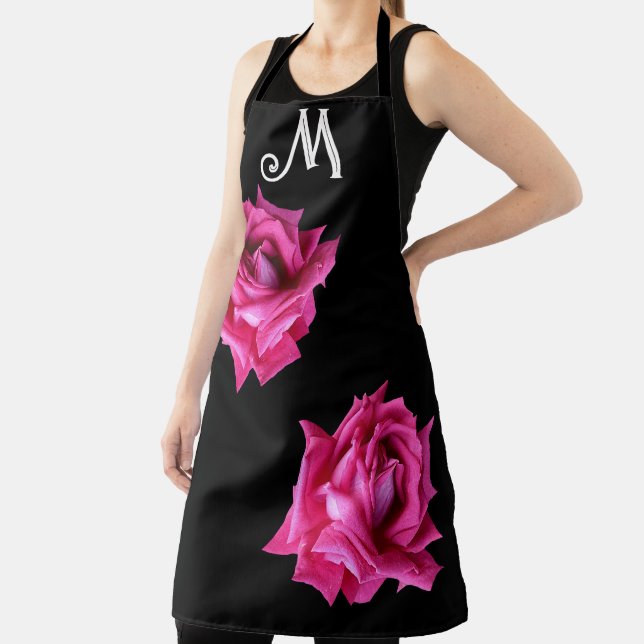 Customizable M monogram hot pink rose floral Apron (Insitu)