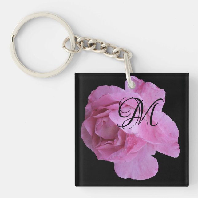 Customizable M monogram letter trendy pink rose  Keychain (Front)