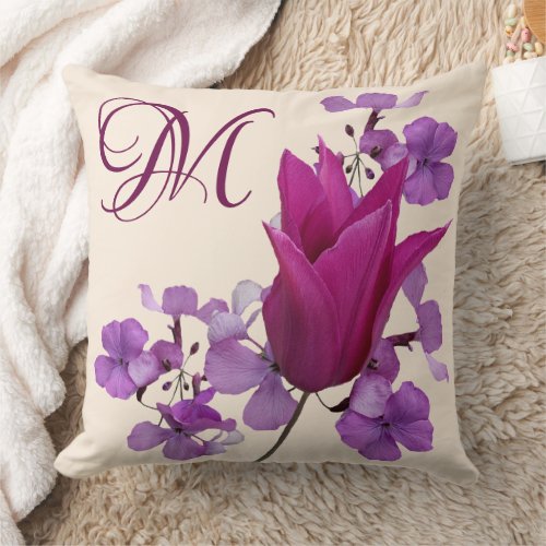 Customizable M monogram pink purple trendy floral  Throw Pillow