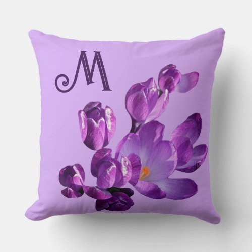 Customizable M monogram purple crocus floral Throw Pillow