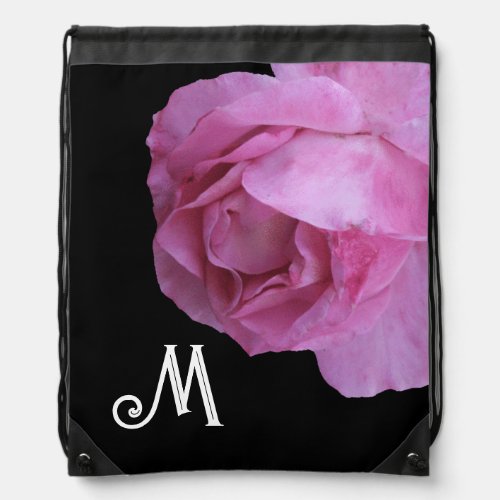 Customizable M name monogram funky pink rose boho Drawstring Bag