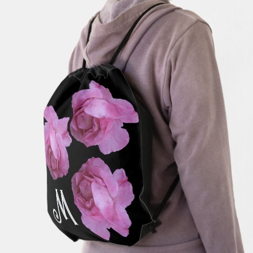 Customizable M name monogram pink rose boho floral Drawstring Bag
