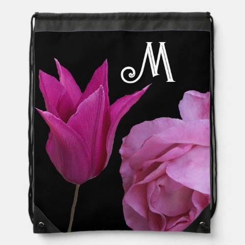 Customizable M name monogram pink rose floral cute Drawstring Bag