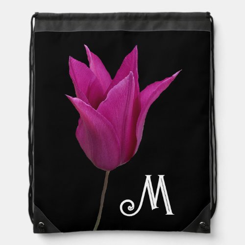 Customizable M name monogram pink rose on black  Drawstring Bag