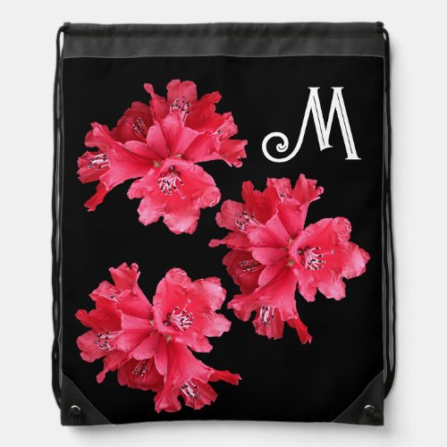 Customizable M name monogram red flowers on black  Drawstring Bag