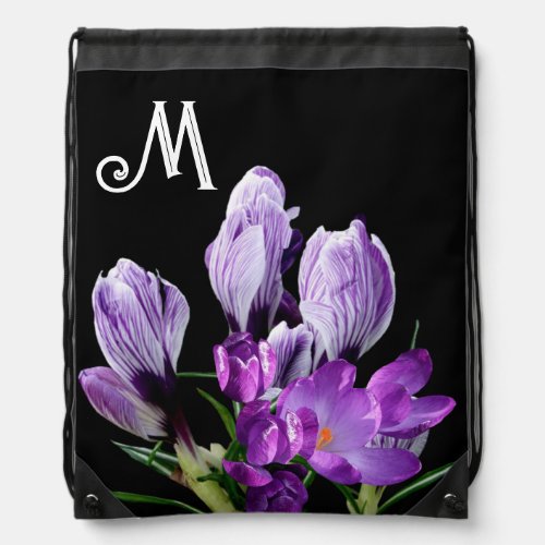 Customizable M name purple crocuses floral black  Drawstring Bag