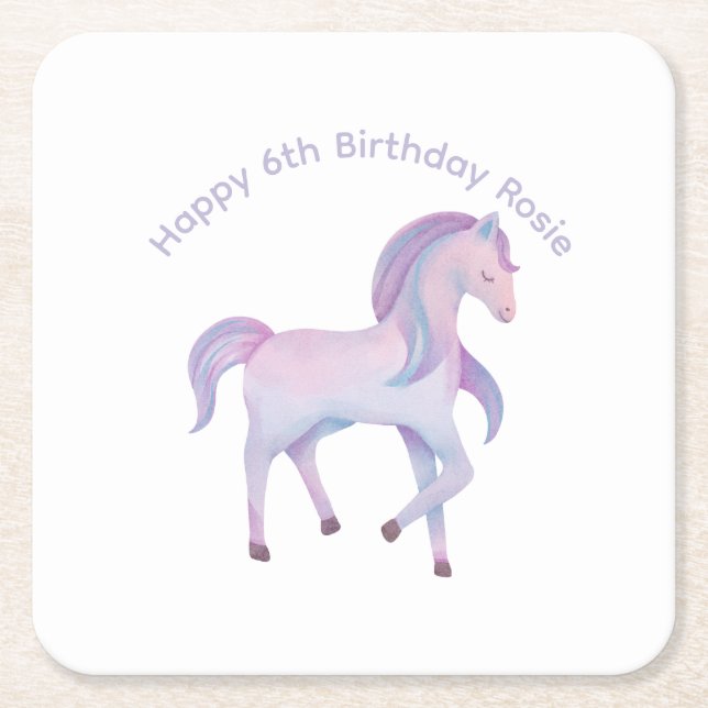 Customizable Magical pastel ombre Pony Square Paper Coaster (Front)