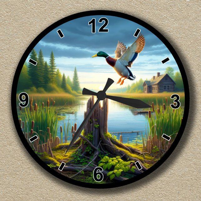 Customizable Mallard Flying Over a Tranquil Lake Round Clock (Creator Uploaded)