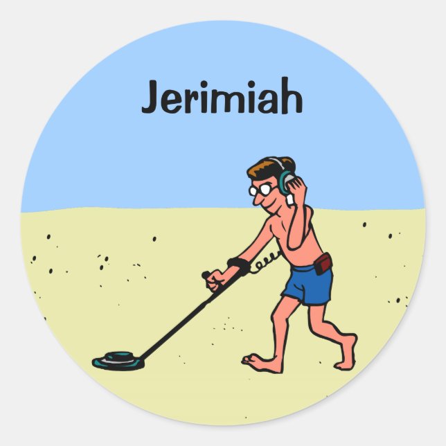 Customizable Man Metal Detecting On Beach Classic Round Sticker (Front)