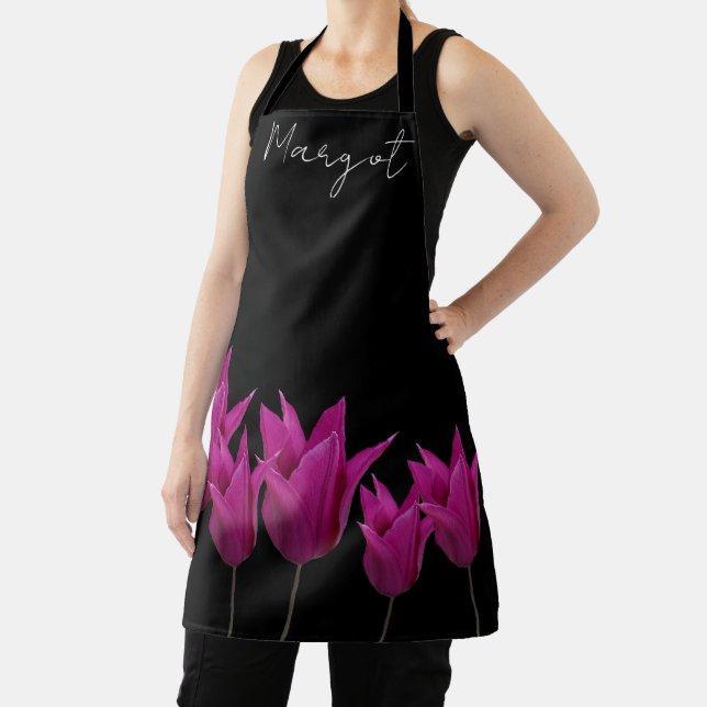Customizable Margot name purple tulip floral boho Apron (Insitu)