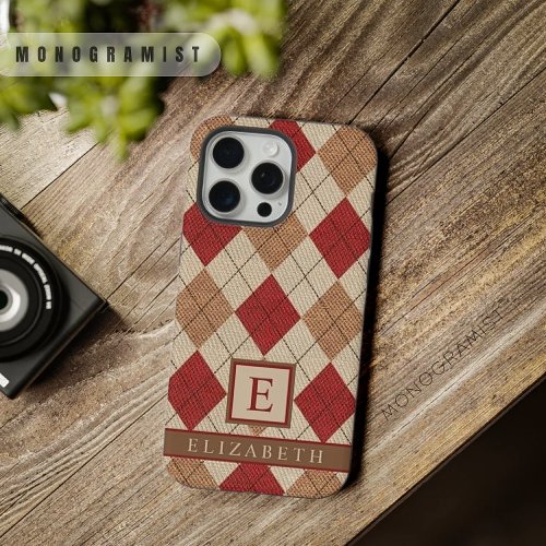 Customizable Maroon Red Beige Brown Argyle Pattern iPhone 15 Pro Max Case