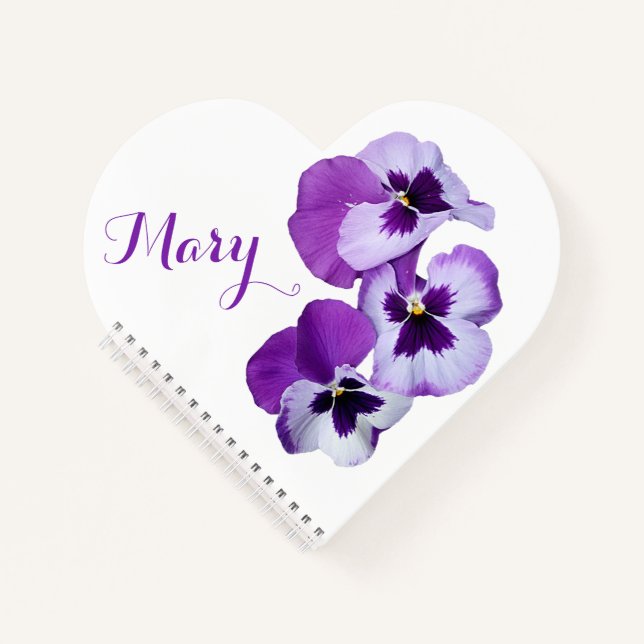 Customizable Mary name purple pansy floral heart Notebook (Front)