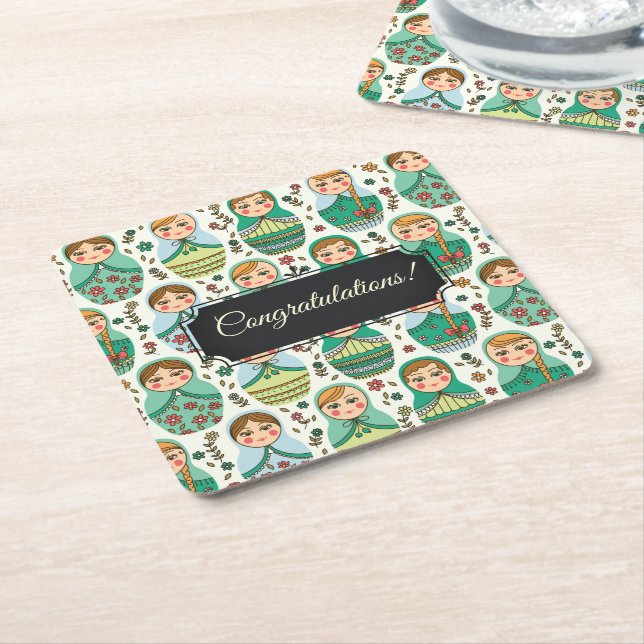 Customizable Matreshka Square Paper Coaster (Angled)