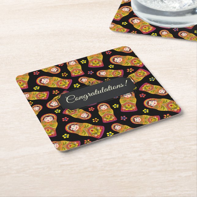 Customizable Matreshka Square Paper Coaster (Angled)