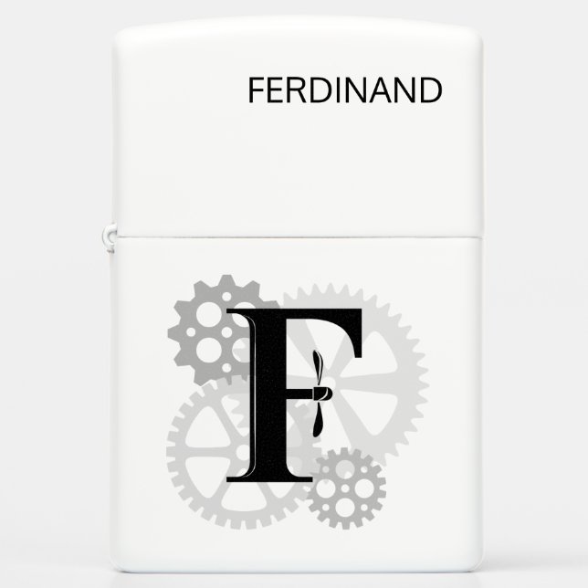 Customizable Mechanical monogram. Initial "F" Zippo Lighter (Front)