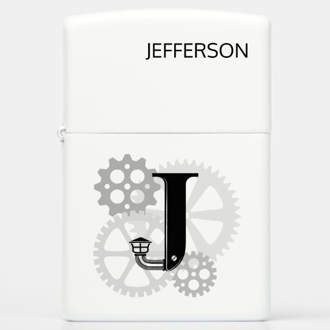 Customizable Mechanical monogram. Initial "J" Zippo Lighter (Front)