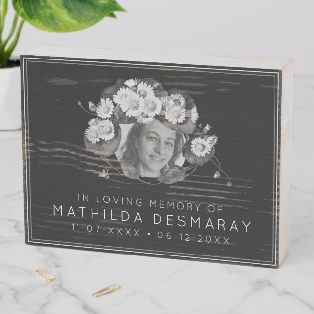 Customizable Memorial Art Nouveau Daisies Wreath Wooden Box Sign (In Situ Horizontal)