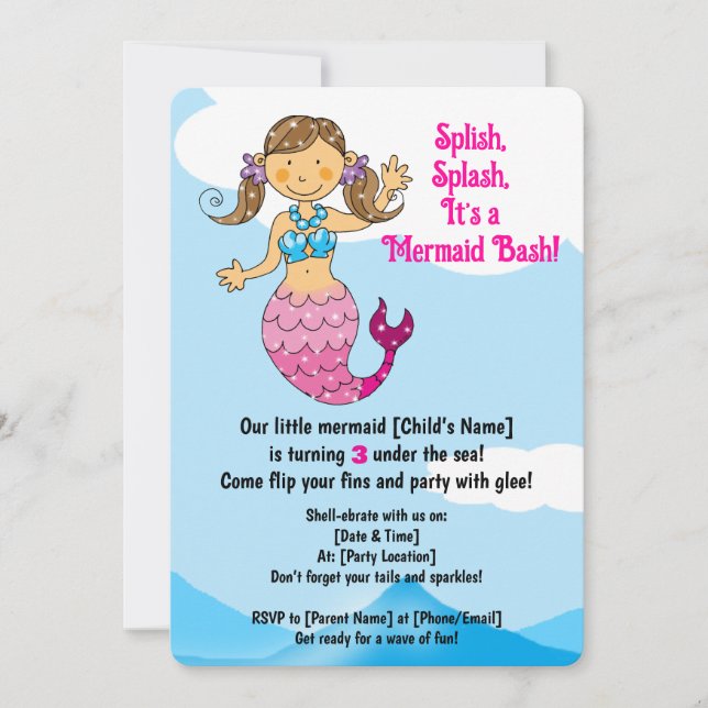 Customizable Mermaid Birthday Design Brown Hair   Invitation (Front)