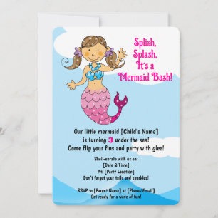 Customizable Mermaid Birthday Design Brown Hair   Invitation