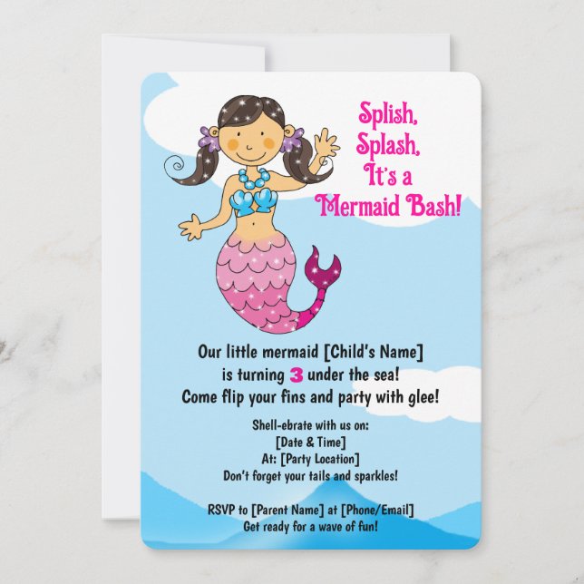 Customizable Mermaid Birthday Design Dark Hair   Invitation (Front)