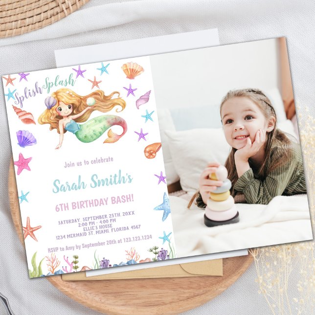 Customizable Mermaid Birthday Invitations for Kids (Under the sea Mermaid Cards with photo)