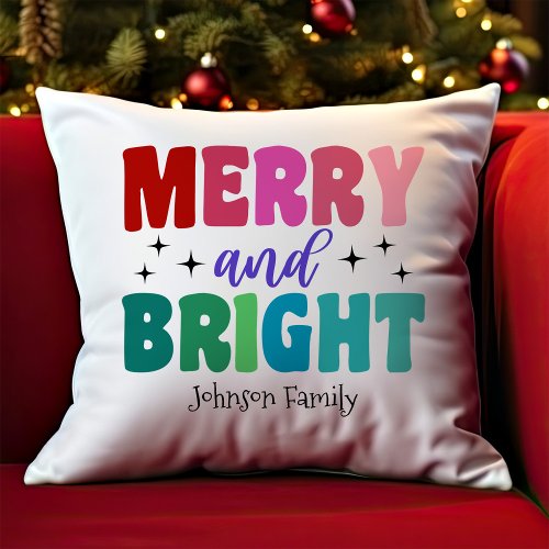 Customizable Merry and Bright Family Name Holiday Throw Pillow