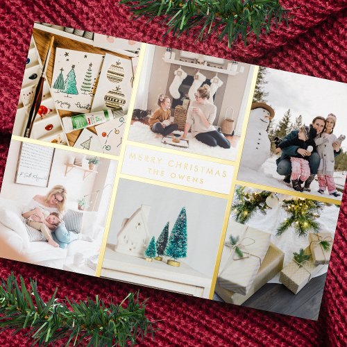 Customizable Merry Christmas Six Photo Lines Foil Holiday Card