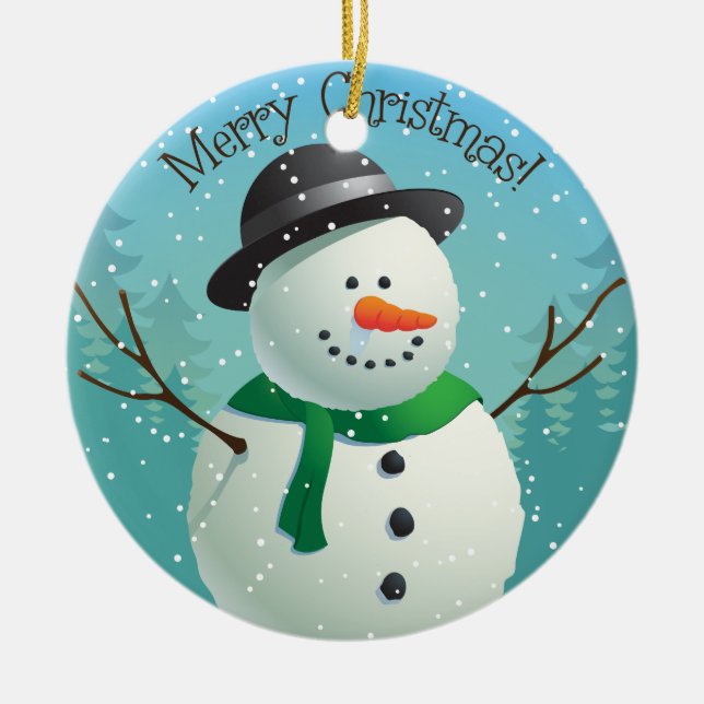 Customizable Merry Christmas Snowman Ceramic Ornament (Front)