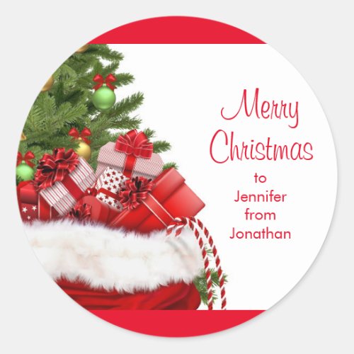 Customizable Merry Christmas Tetxt Tree And Gifts Classic Round Sticker