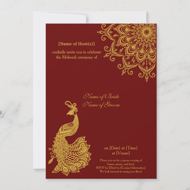Customizable Metallic Gold Dark Red Mehendi Indian Invitation (Front)