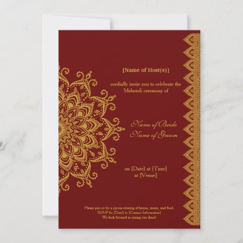 Customizable Metallic Gold Dark Red Mehendi Indian Invitation